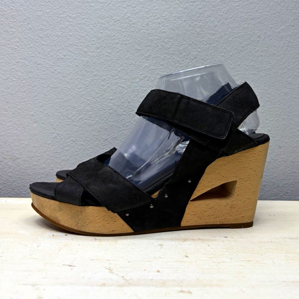 Eileen Fisher Black Suede Wooden Wedge Sandals Size 9.5